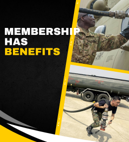 A graphic in black, yellow, grey and white touting NPMC membership benefits with two images of military aviation refulers