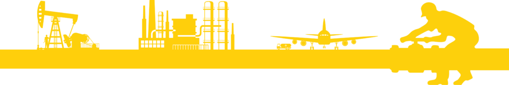 A gold colored silhouette of a pipeline worker and tarmac including an oil derrick, fuel station and airplane
